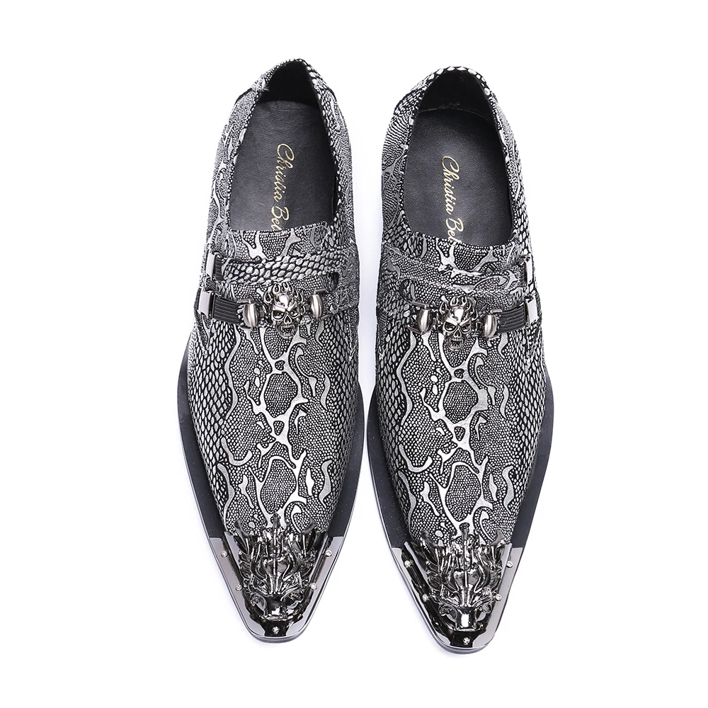 Роскошное Золотое и Серебряное мужские деловые туфли с принтом из натуральной кожи, с металлическим острым носком, модельные туфли для мужчин, свадебные туфли