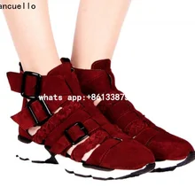 Высококачественная женская повседневная обувь из натуральной кожи; Цвет винно-красный; обувь с вырезами на толстой подошве; Chaussure Femme с пряжкой
