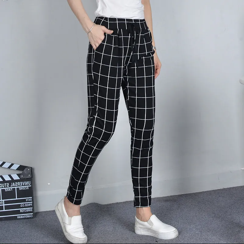 

2018 Summer Autumn Women Pencil Pants Striped Harem Pants Female Elastic Waist Plaid Trousers Casual Long Pants Plus Size AB854