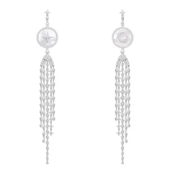 

SLJELY Luxury Brand 925 Sterling Silver Cubic Zirconia Stones Moon Star Tassel Drop Earrings with Mother of Shell Palace Jewelry