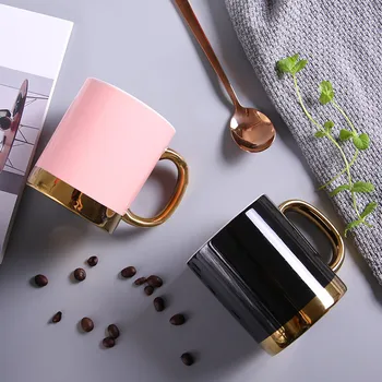 

Elegant Ceramic Mug Pink Black Gold Plating Couple Lover's Gift Morning Mug Milk Coffee Tea Breakfast Porcelain Drinkware Cup