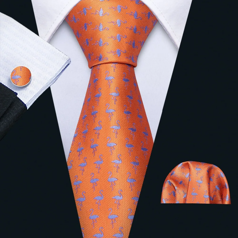 Fashion Designers Oragne Bird Pattern Silk Tie Hanky Set Barry.Wang 8.5cm Neck Ties For Mens Gifts Party Dropshipping FA-5178