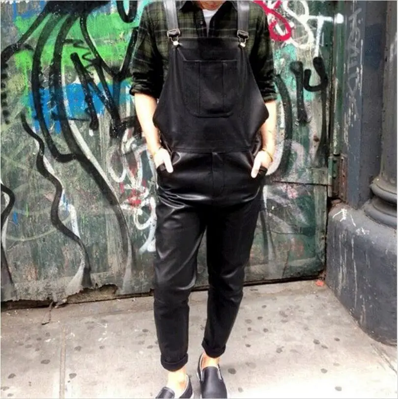 Мужская одежда GD Hair Stylist Мода PU нагрудник брюки длиной до щиколотки цельные брюки костюмы для певцов больших размеров 27-44 - Цвет: Черный