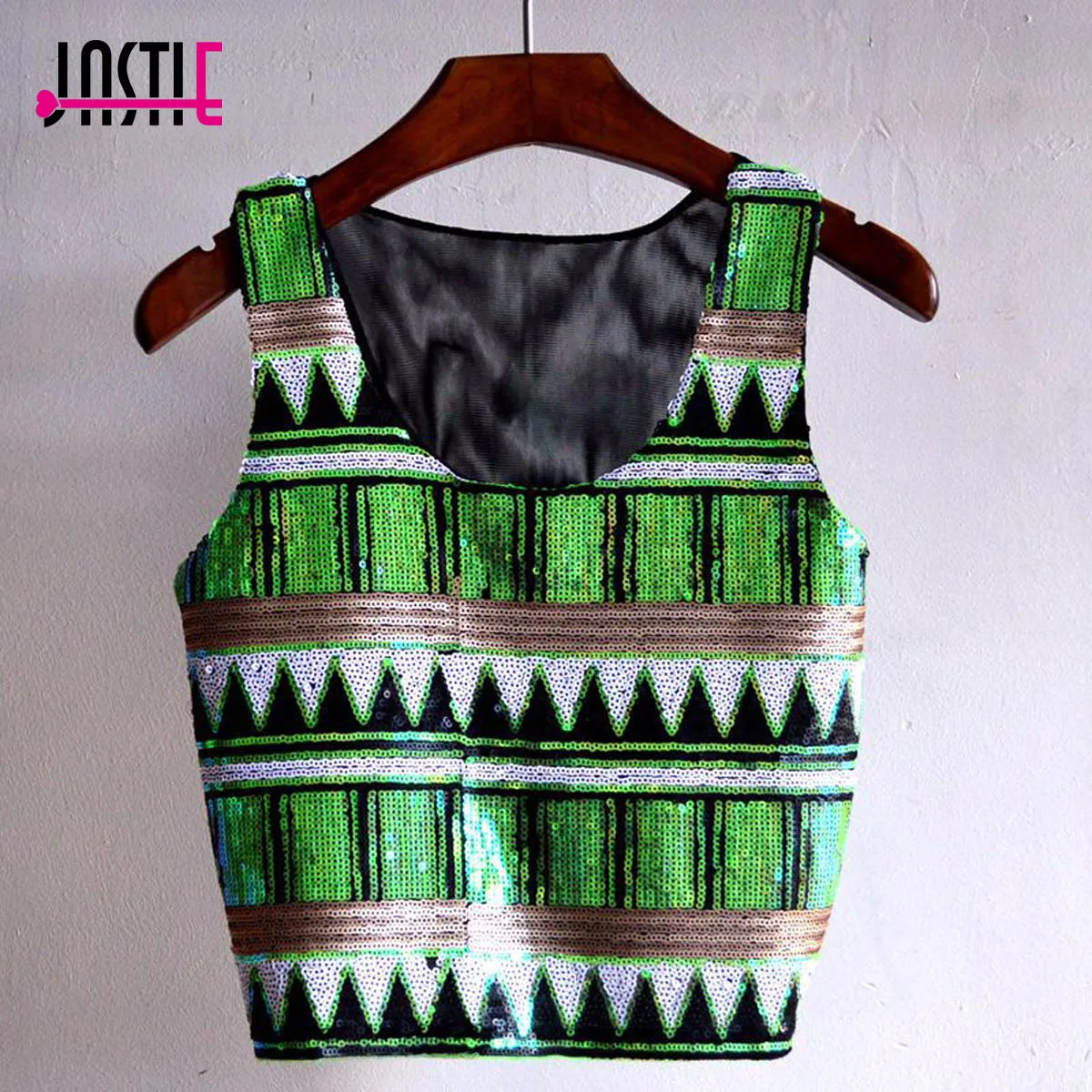 

Jastie Party Club Sequins Women Tanks Top Boho Style Bling Tops Vest Mesh Back Crop Top Shirt Beach Wear Camis Blusa Shirts