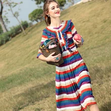 BOHOCHIC Original Fashion Lolita Romantic Preppy Style Large Hem 3/4 Flare Sleeve Womens Dresses Color Stripe AZ0435C Boho Chic