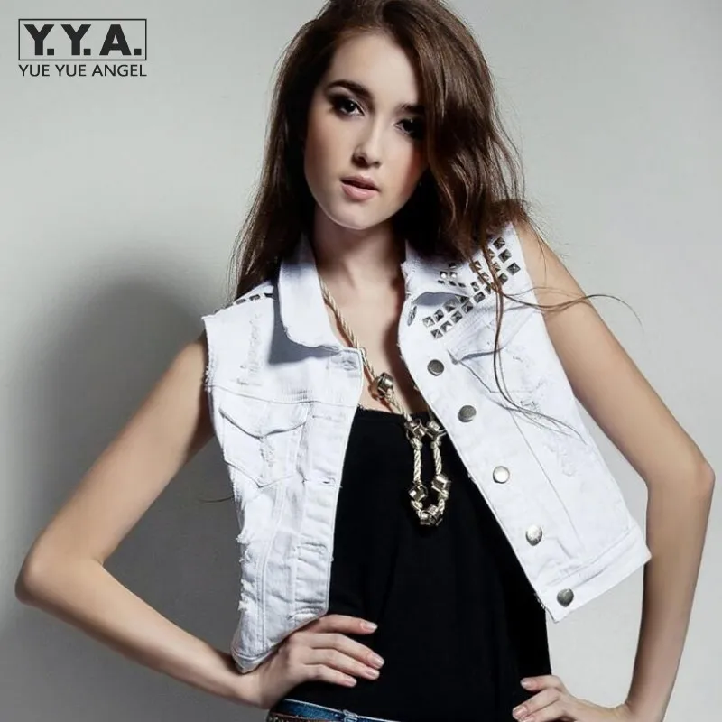 Manches Poitrine Sans White Jean Rivet Jeans Vintage Unique Frais Veste En Femmes Blanc Gilet Manteau R4wpq7Hx