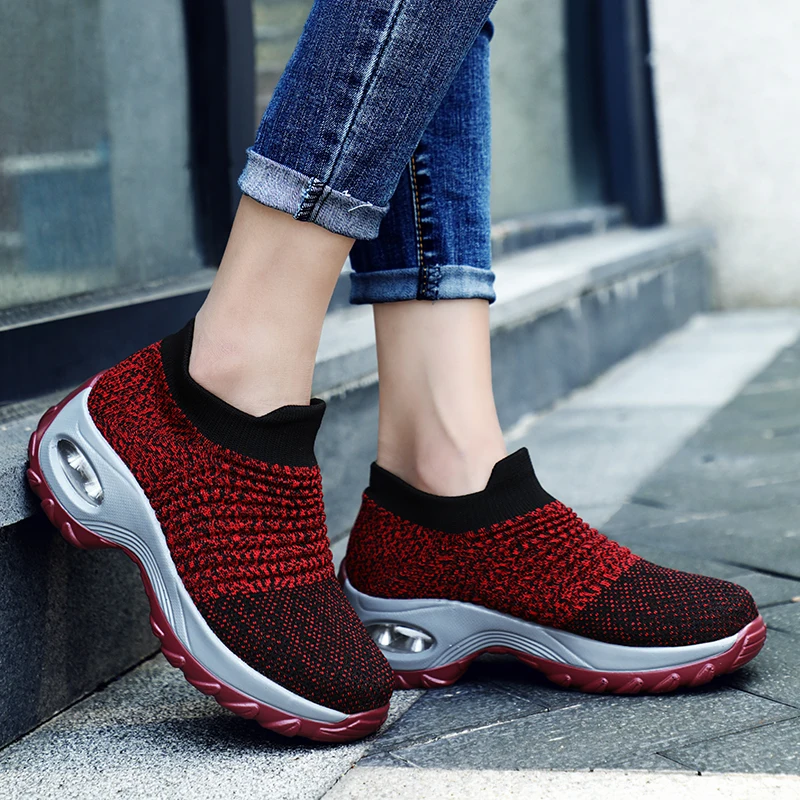 

2019 Spring&Autumn Women Sneakers Sock Shoes Flat Slip on Platform Running Shoes For Women Breathable Mesh Walking Shoes F1-20