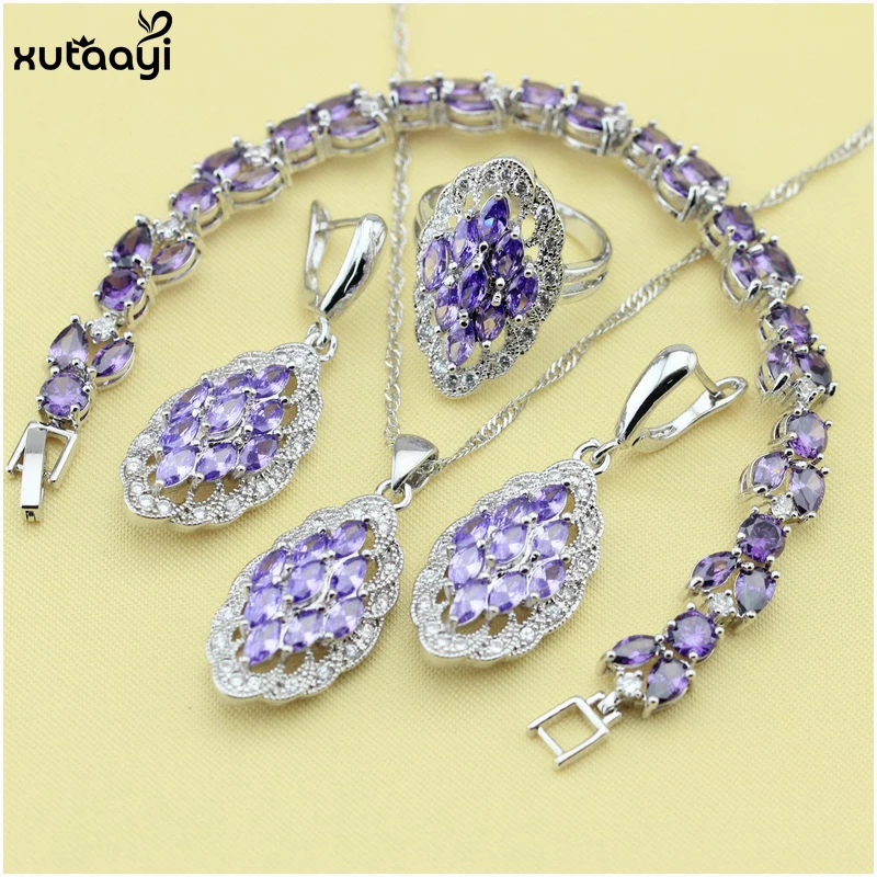 

XUTAAYI 925 Silver Jewelry Sets Purple Cubic Zirconia White Crystal Pendant/Necklace Chain/Rings/Earrings/Bracelet