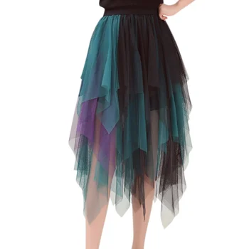

Summer Elastic High Waist Long Hit Color Tulle Skirt Women Irregular Hem Mesh Tutu Skirts Lady Elegant Party Skirt