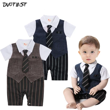

Baby Boys Clothes Short Sleeves Gentleman Long Tie Striped Romper Outfits Infantil Wedding Jumpsuit Party Birthday Clothing