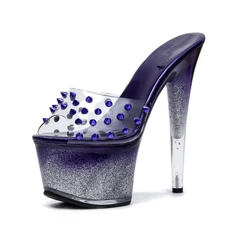 

2019 New 15/17cm Rivet Platform Sandals Flash Crystal Nightclub Steel Tube Dance Performance Model Show High Heel Shoes