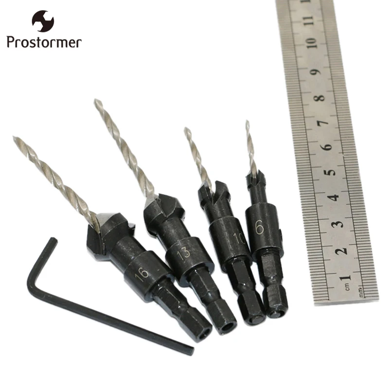

Prostormer 3mm-4.5mm 4pcs HSS Hexagon Shank Conical Woodworking Countersink Drill Bit Set Drill Power Tools #6,#10,#13,#16