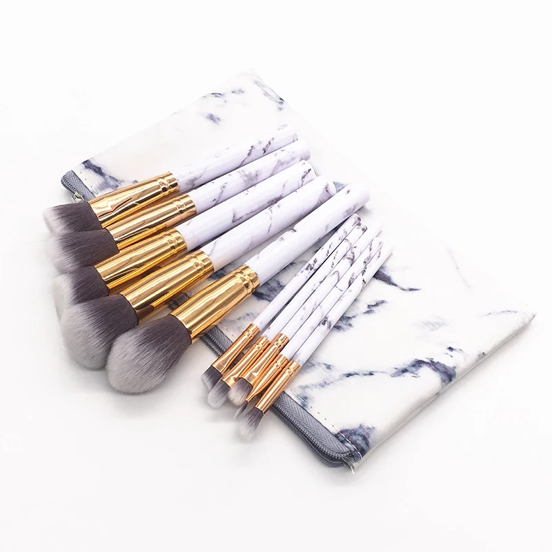 

BELLA CULLEN 10pcs marble Makeup Brushes Kit Natural Soft Bristles Foundation Blush With pu bag