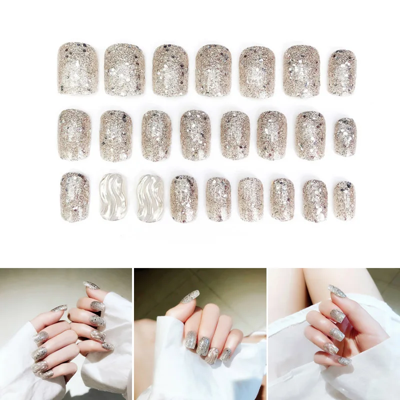 

24pcs Glittering Fake Nails Tips Manicure Decoration Decals DIY False Nails for Women Ladies SSwell