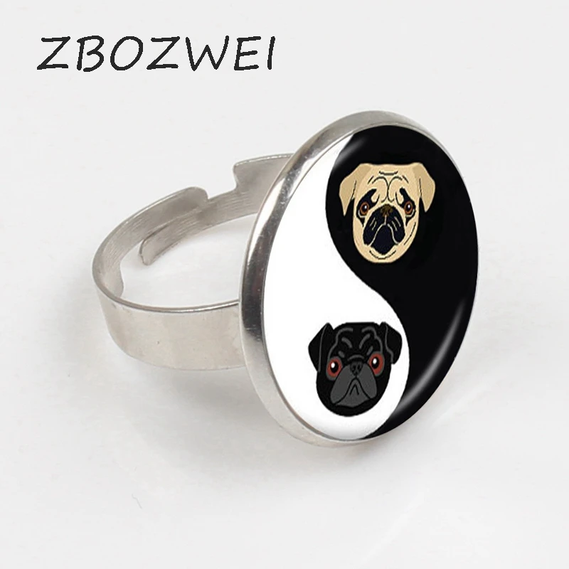 

ZBOZWEI 2018 Yin Yang Pug Ring Black and Tan Bulldog Ring Dog Jewelry Gifts For Pug Lovers Rescue Jewellery, Glass Dome gift