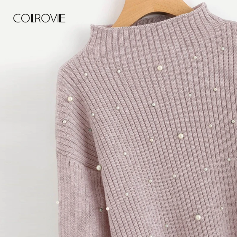 COLROVIE الوردي اللؤلؤ الخرز مزين بالغت أسقف كم الشتاء الكورية سترة 2018 الخريف الأزياء الحلو أنيقة السترة