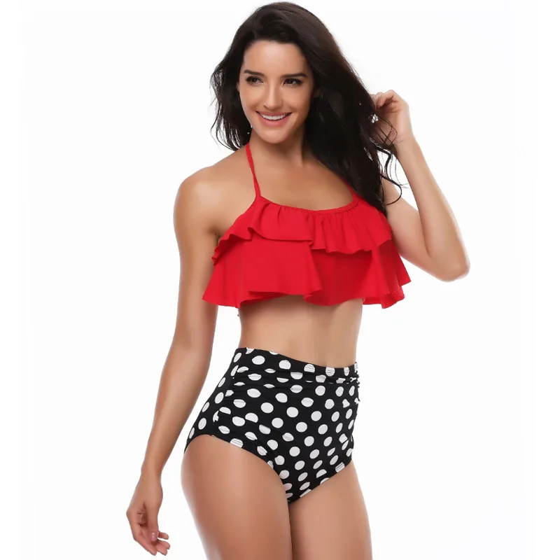 

Bath Suit Swimwear Women Ruffle Dots High Waist Swimsuit 2019 Sexy 2 Piece Red Halter Thong Push Up Bikini Sets Tankini Suits