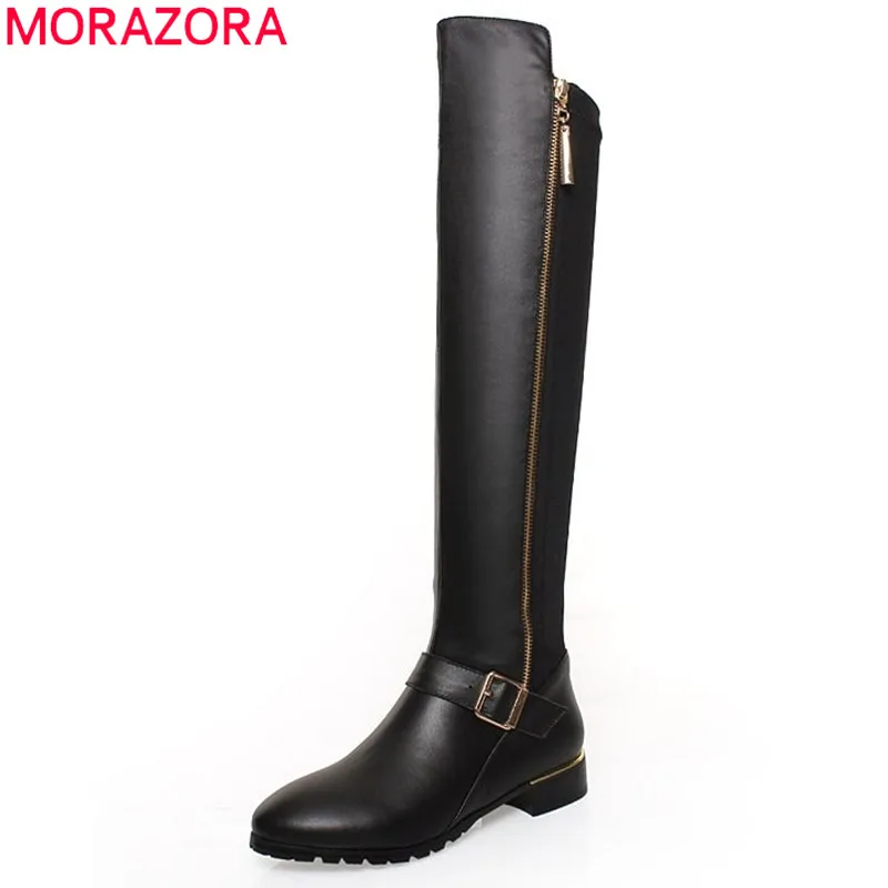 MORAZORA/большие размеры 34-42; сапоги из искусственной и натуральной кожи; осенне-зимние сапоги до колена на квадратном каблуке с пряжкой и молнией; модная женская обувь