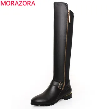 

MORAZORA Plus size 34-42 pu+genuine leather boots buckle zipper square heel autumn winter knee high boots fashion ladies shoes