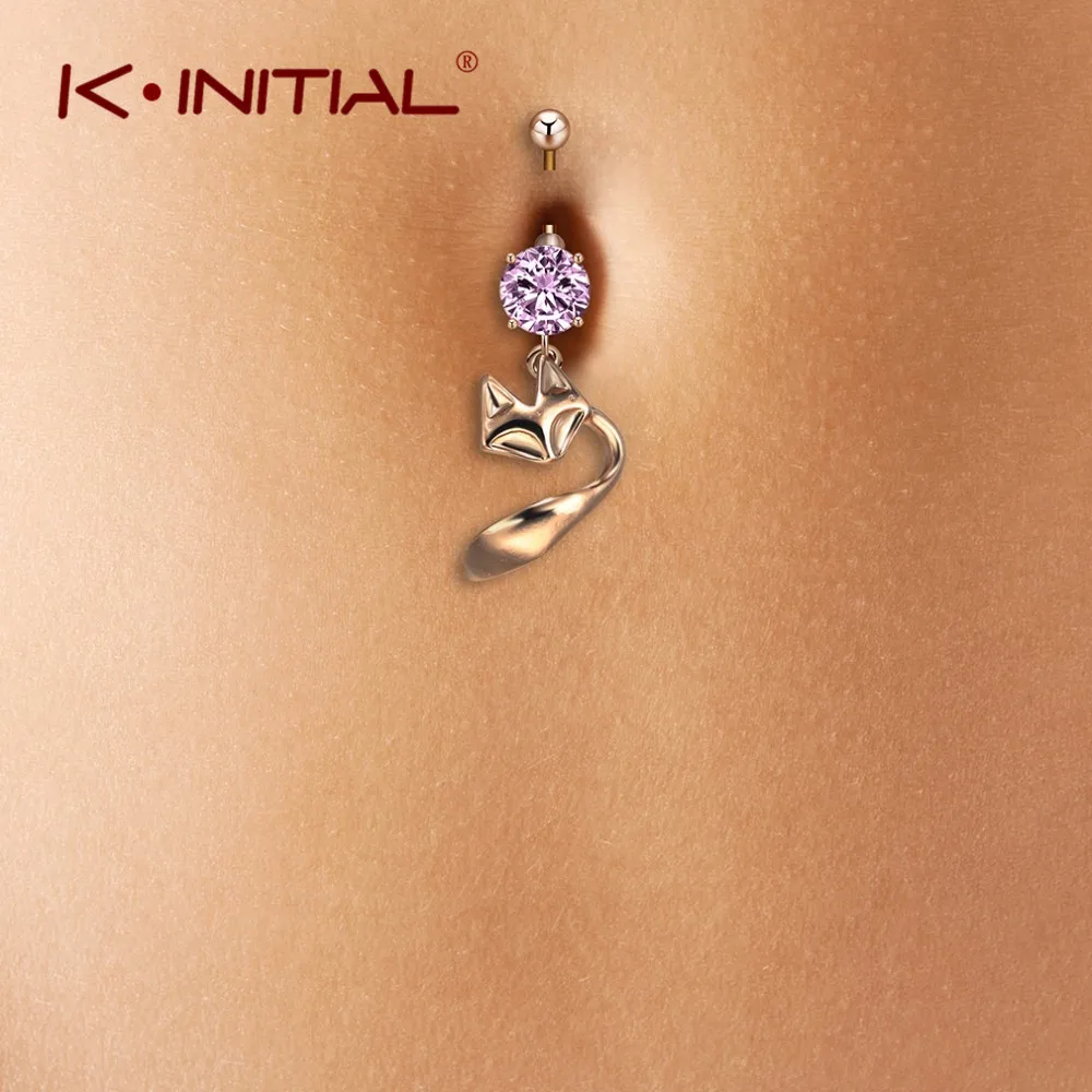 Kinitial Fashion Pink Crystal Belly Button Rings Animal Dangle Fox Ring Women Stainless Steel Navel Sexy Body Piercing Jewelry