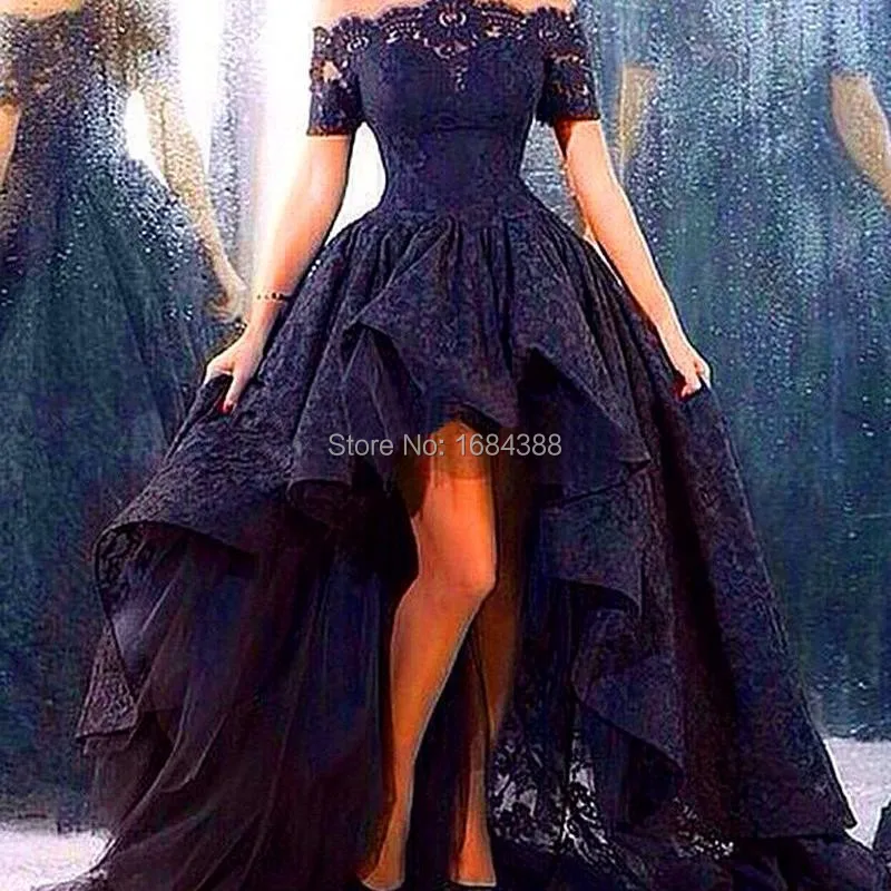 Black Lace Front Short Long Back Puffy prom gown Elegant party dress Hi