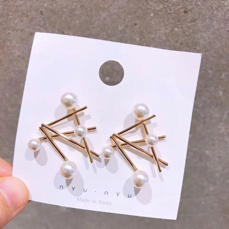 

MENGJIQIAO New Exaggerate Simulated Pearl Geometric Stud Earrings For Women Elegant Irregular Cross Metal Jewelry Oorbellen Gift
