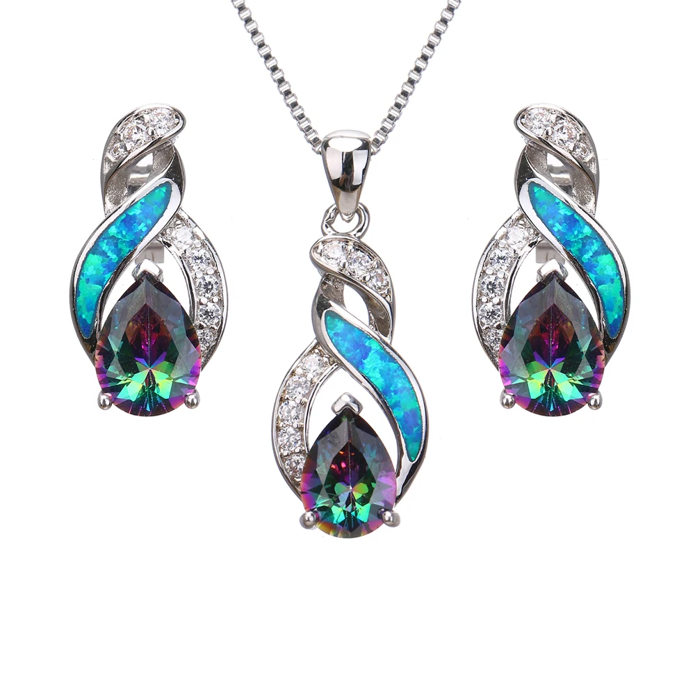Fire Australian Opal Jewelry Set 925 Sterling Silver Earrings Pendant