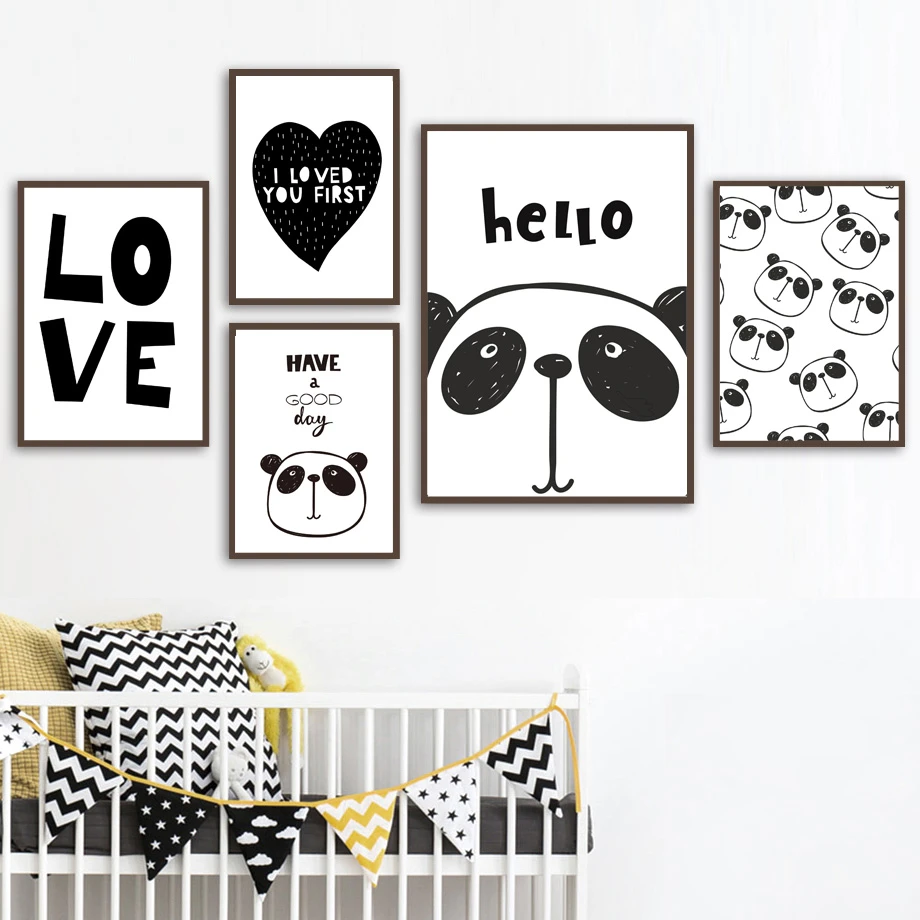 Love Panda Hitam Putih Nordic Poster Dan Cetakan Dinding Seni Lukisan Kanvas Dinding Kartun Gambar Anak Anak Kamar Bayi Dekorasi Kamar Tidur Painting Calligraphy AliExpress