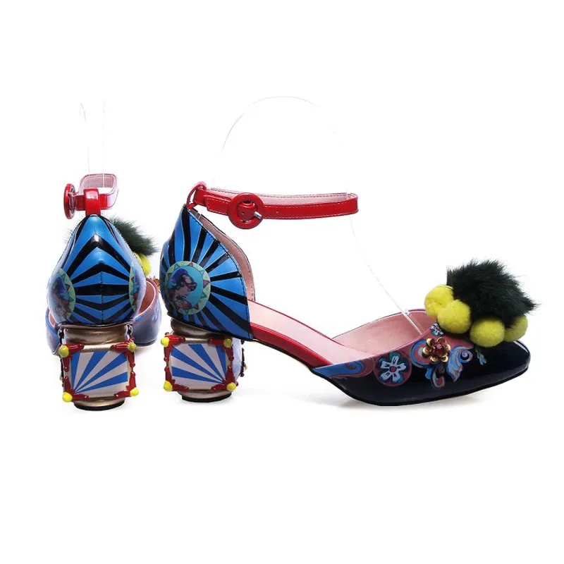 Women Sandals Fashion Print Strange Heel Pumps Fur Ball Metal Decoration 2018 Summer Ladies Dress Party High Heels Shoes Woman (19)