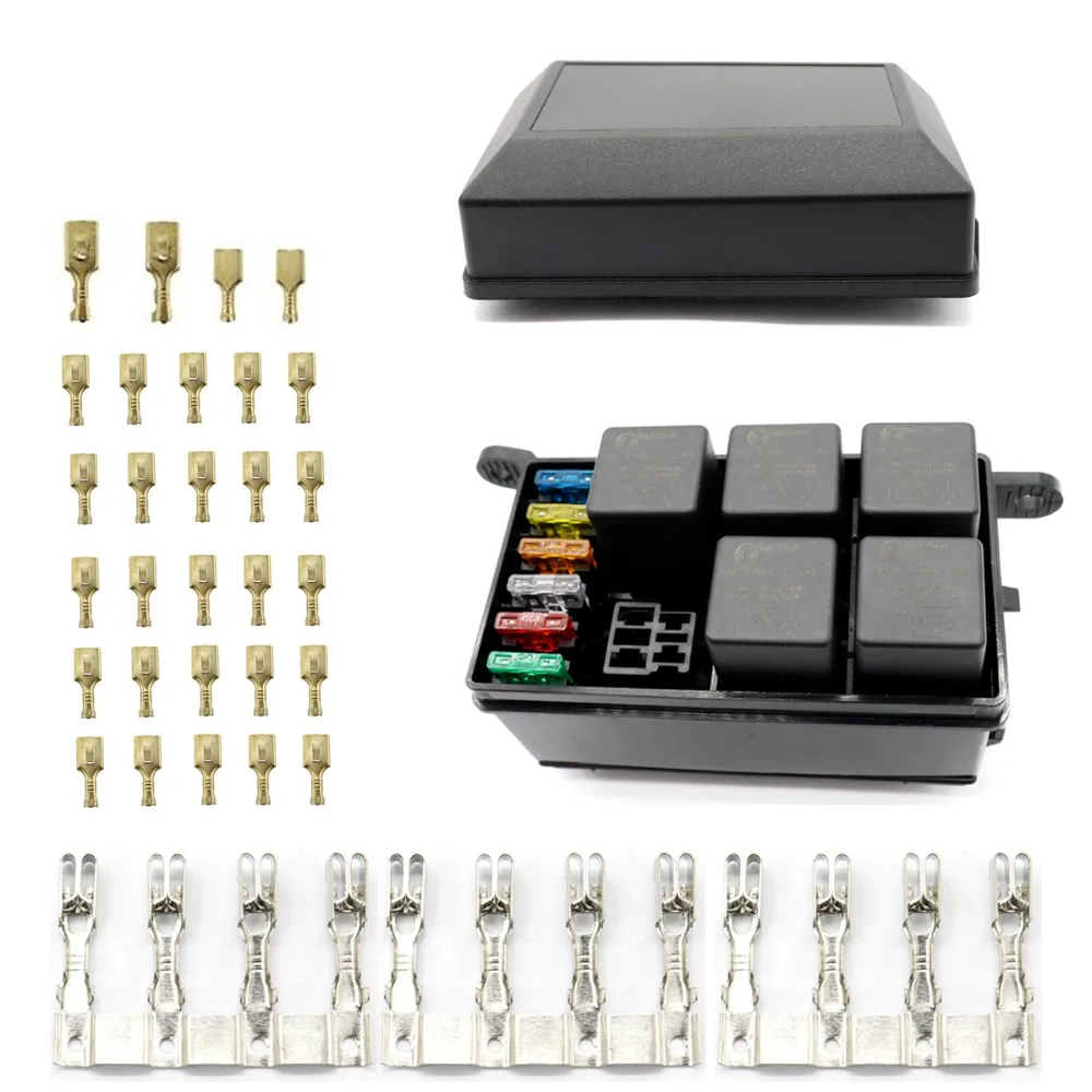 Universal 6 Way Auto Car Fuse Holder Box With 6PCS Spade Terminals Fuses Relays 12V 40Ain