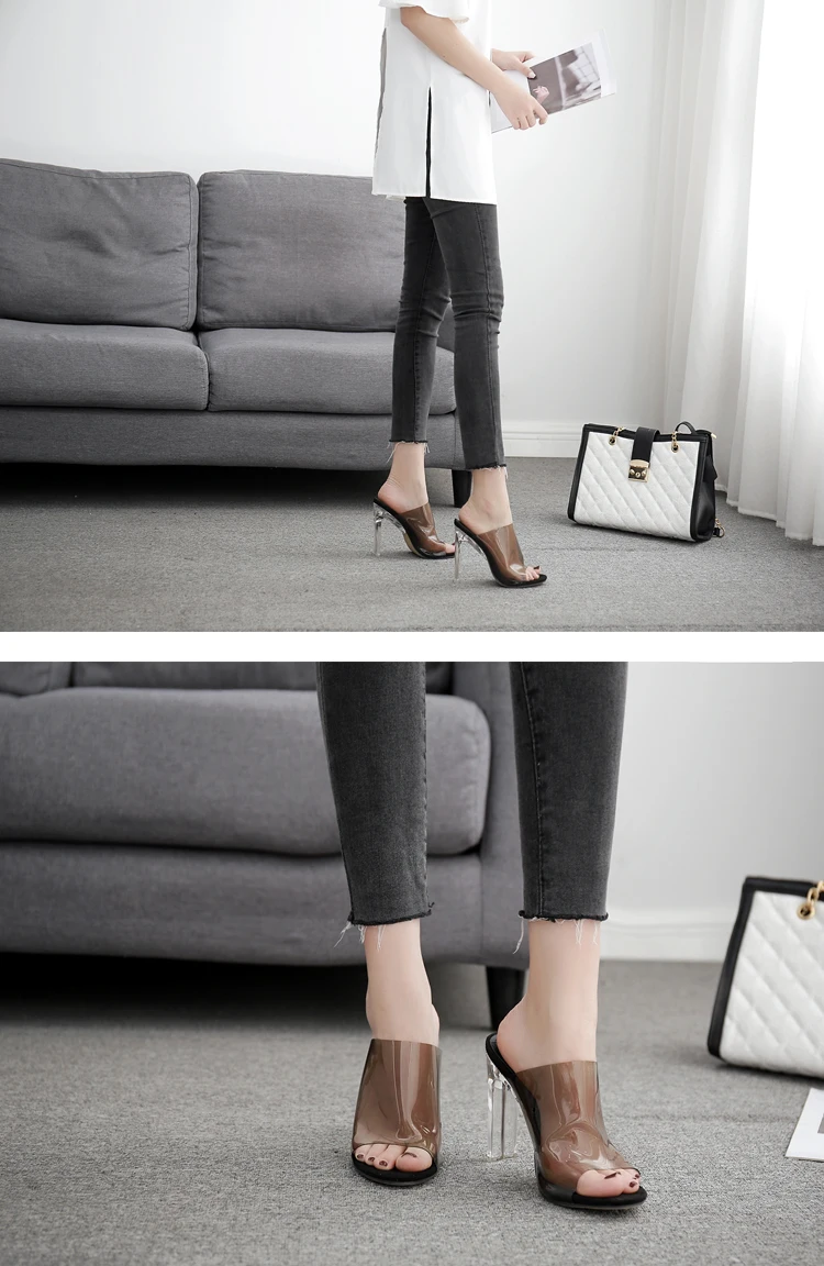 Women Slippers PVC Crystal heel Transparent Sexy Clear High heels Summer Slides Sandals Pumps 11cm Black Apricot