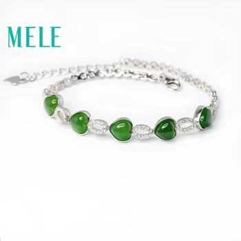 

MELE Natural green hetian jade bracelet in 925 sterling silver for women and man,heart shape 6X5mm gemstone jasper jewelry