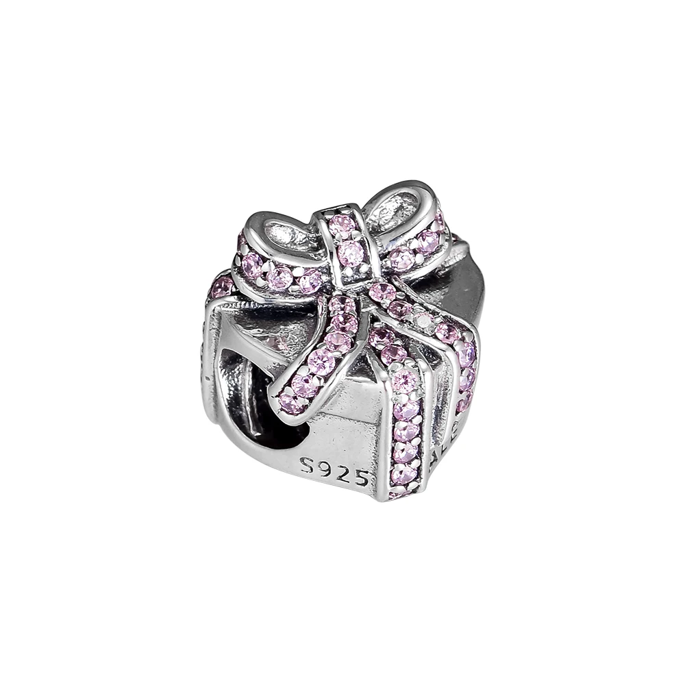 Fits Pandora Charms Bracelets Heart Present Beads with Pink CZ 100% 925 Sterling Silver Jewelry Free Shipping | Украшения и