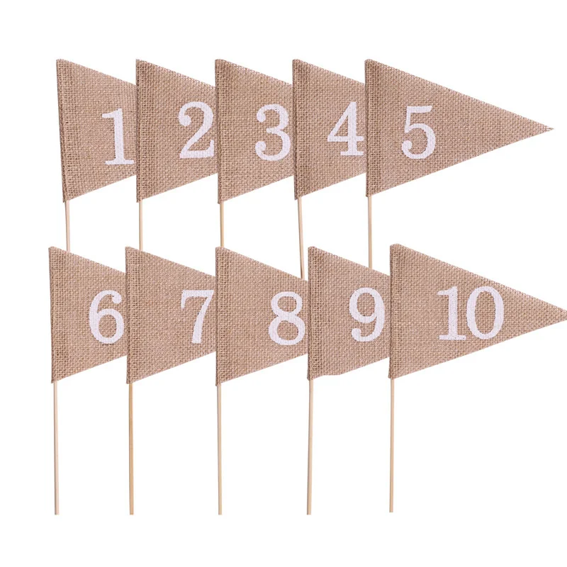 

10 Pcs Handmade Custom Burlap Wedding Party Table Card Number Flags, 1-10 Pennant Place Cards For Festival Desk Home Decoration