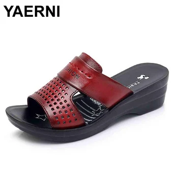

YAERNI With 4CM High Heel New Best Selling Leather Slippers Comfortable Wearable Lightweight First Layer Cowhide Mother Sandals