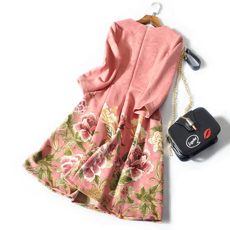 winter dress women sexy suede dresses O-neck long sleeve print floral A-line dress pink cute dresses winter dress women sexy suede dresses O-neck long sleeve print floral A-line dress pink cute dresses