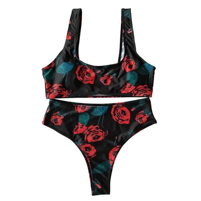 

Women Sexy Rose Print Bikini Set Beach Split Swimsuit Tank Top Bra Swimwear
