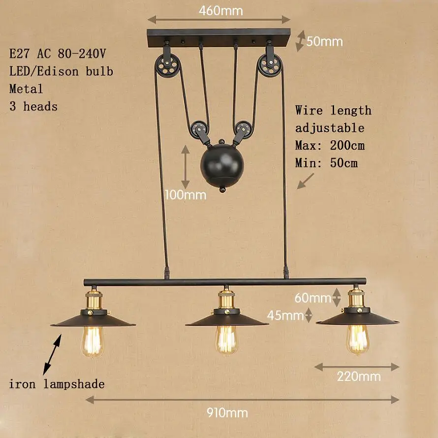 Лофт ретро подвесные черные подвесные лампы E27 светодиодный подвесной светильник регулируемый винтажный шкив для гостиной ресторана спальни - Цвет корпуса: 3 heads