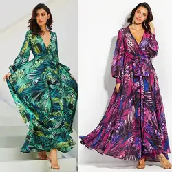 2019 Женская Бохо Длинная женская одежда макси вечерние летние пляжные сарафаны с принтом листьев ремень с v-образным вырезом сексуальное
