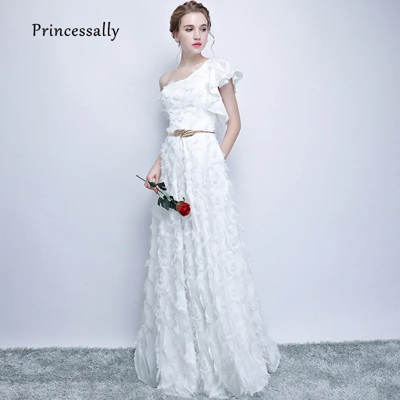 

Robe De Soriee New White Evening Dress One Shoulder Lace Feather With Sashes Elegant Formal Bride Engagement Prom Party Gown