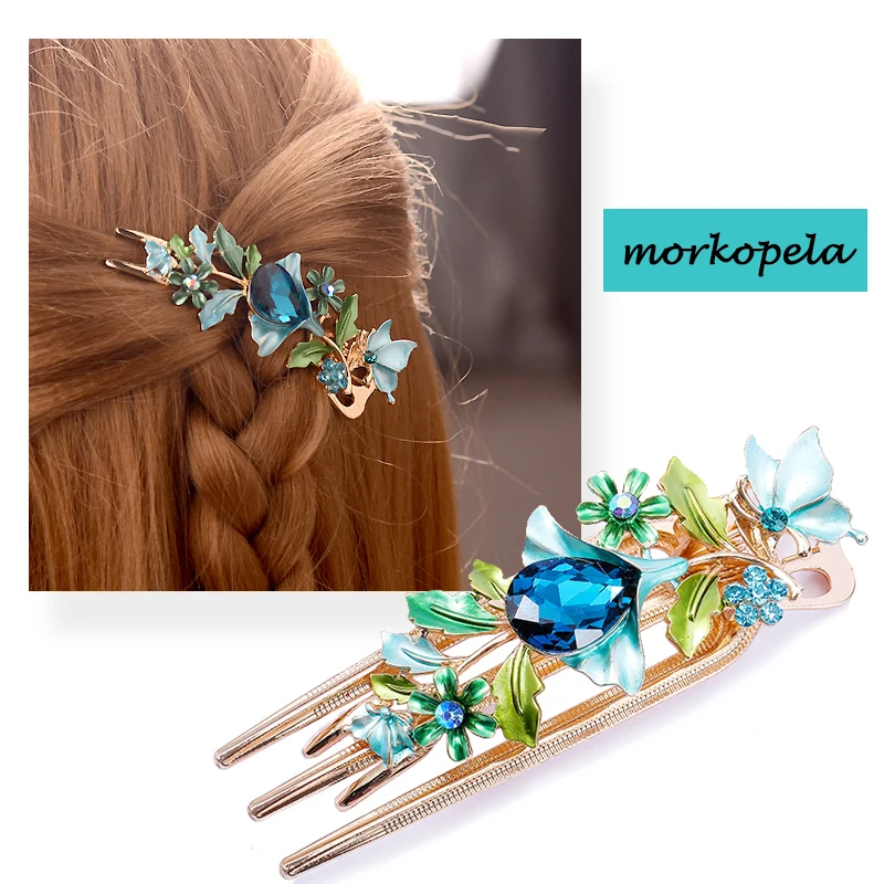 

Morkopela Enamel Flower Hair Claw Jewelry Wedding Party Crystal Hair Clip Accessories Rhinestone Banquet Hair Pin