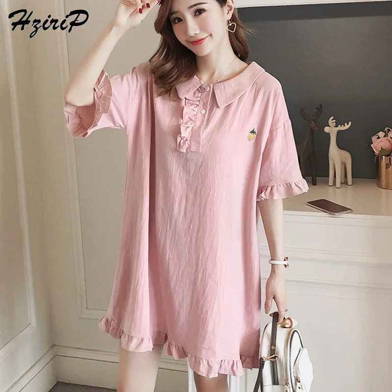 

HziriP Pregnant Dress Women Solid Dress Nursing Loose Maternity Casual Turn-down Collar Dress Short Sleeves Size For M-XXL