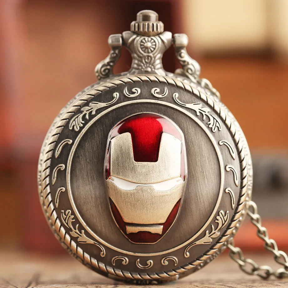 Iron Man Design Quartz Pocket Watch Classic Arabic Numbers Retro Bronze Pendant Gift for Men Women Children with Necklace Chain (7)