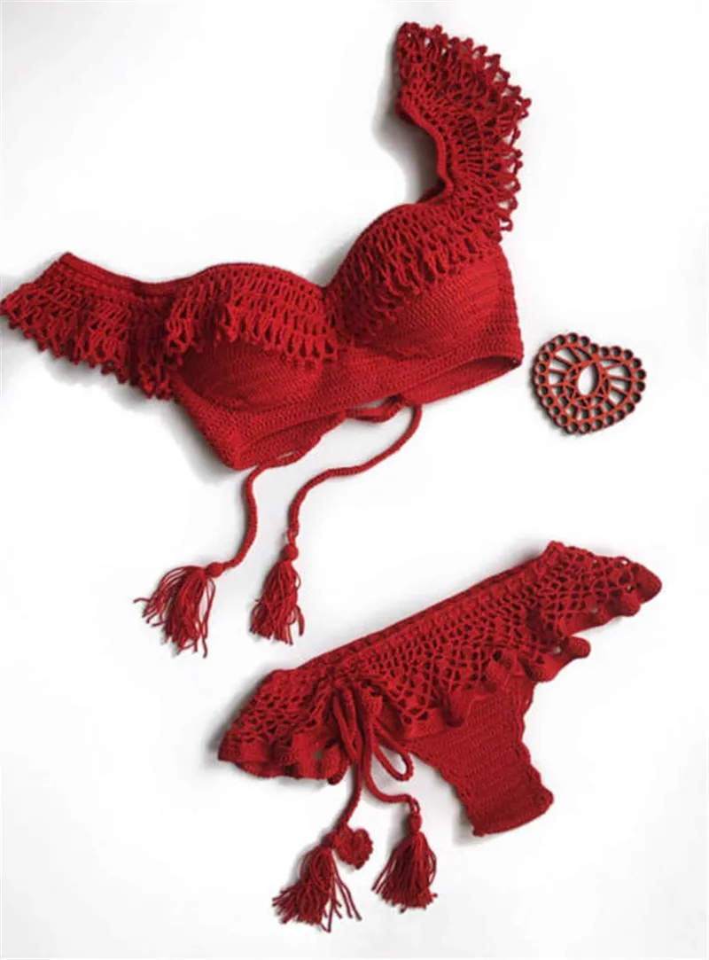 Кружевное бикини, сексуальный вязаный купальник ручной работы с открытыми плечами, женский купальник с оборками, вязанный крючком комплект бикини, купальный костюм, пляжная одежда - Цвет: Красный