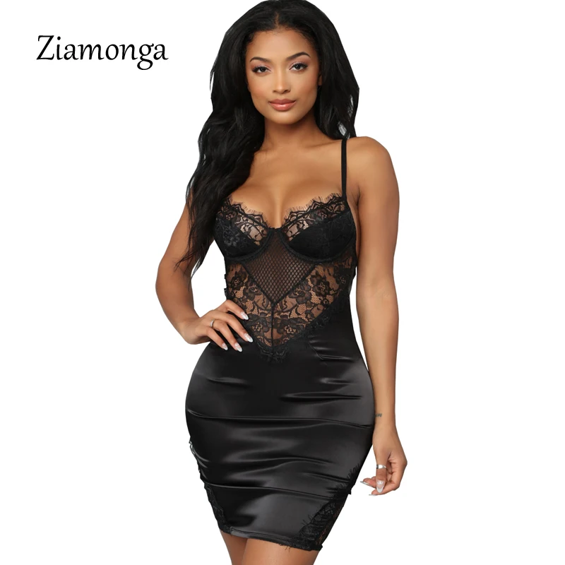 

Ziamonga Satin Silk Ladies Party Dress Sexy Night Club Dresses Spaghetti Strap Strapless Lace Dress Women Mini Bodycon Dress