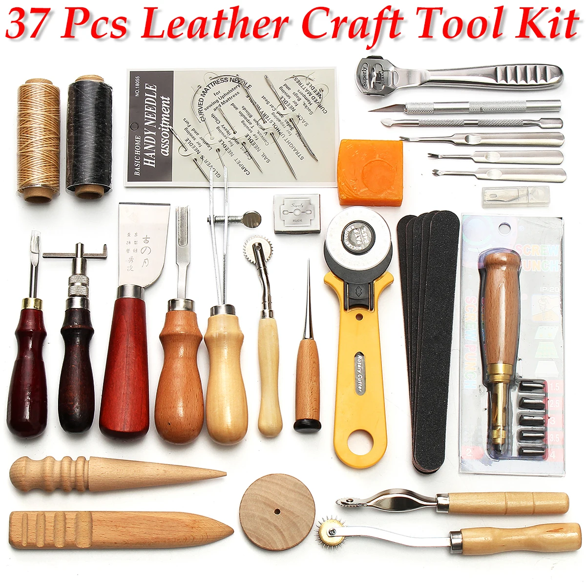 37Pcs Leather Craft Tools Kit Hand Sewing Stitching Punch Carving Work