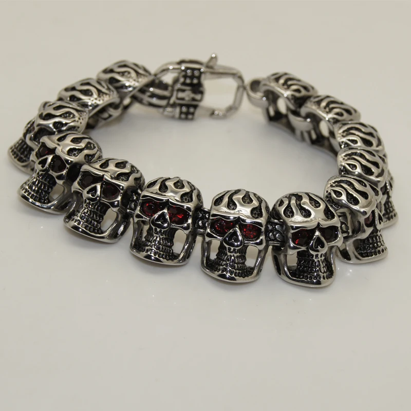 

8.66'' 2cm width 94g red cz stone filre skull 316L stainless steel bracelet