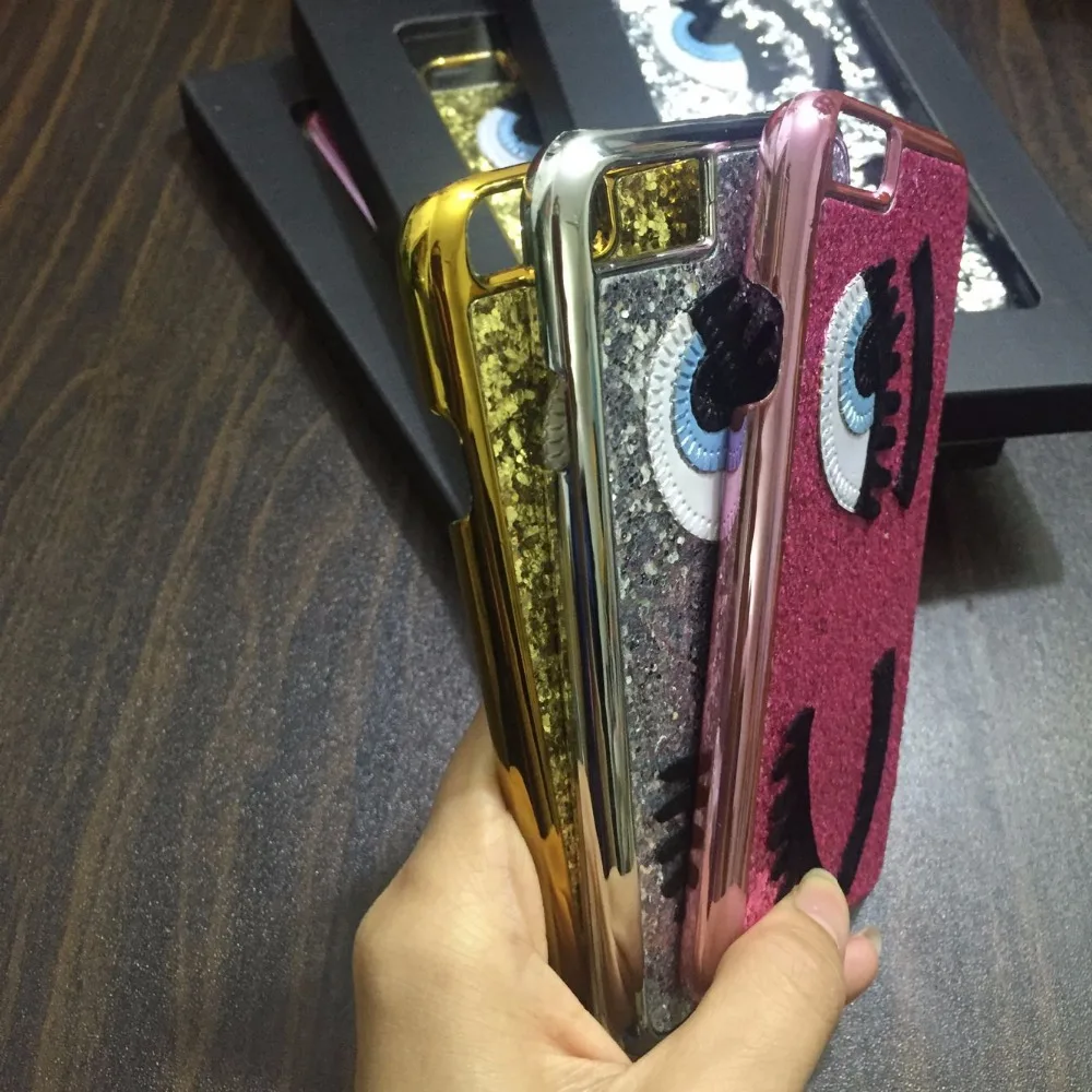 Aoweziic Fashion Bling Glitter powder Bling 3D big eye eyelashes Plating back Cover phone Cases For iPhoneX XS 7 8 5s SE 6S Plus