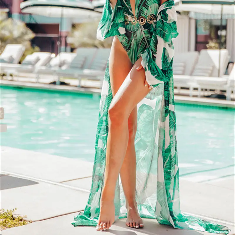 Зеленый длинный кардиган с принтом листьев, Пляжное летнее шифоновое пляжное платье, Туника женская кофта, пляжная одежда, парео, халат De Plage