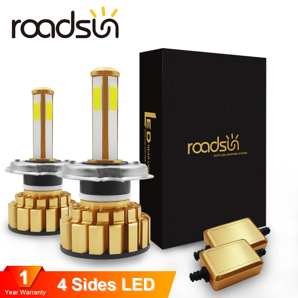 Roadsun светодиодные лампы H4 HB2 H11 H8 H9 9005 9006 HB4 4 стороны H7 для авто 6000K 80W 8000LM Свет
